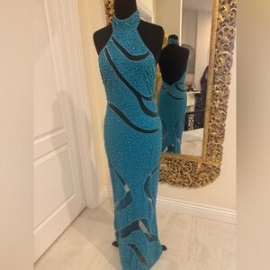 Elegant turquoise hand Beaded Women's Dress